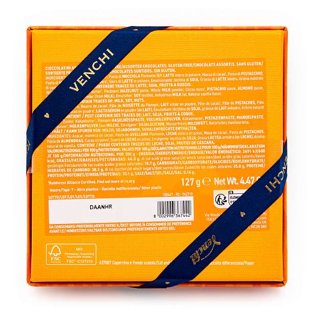 Ассорти конфет в темном шоколаде, 3 вида, VENCHI, 0,127 кг (подарочная оранжевая шкатулка Мурано)  Venchi Италия