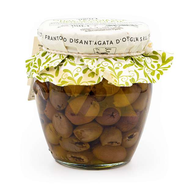 Оливки Таджаски без косточек в оливковом масле первого холодного отжима (экстра верджин) 29%, SANTAGATA, 0,180 кг (ст/б)  Frantoio di Sant'Agata d'Oneglia Италия