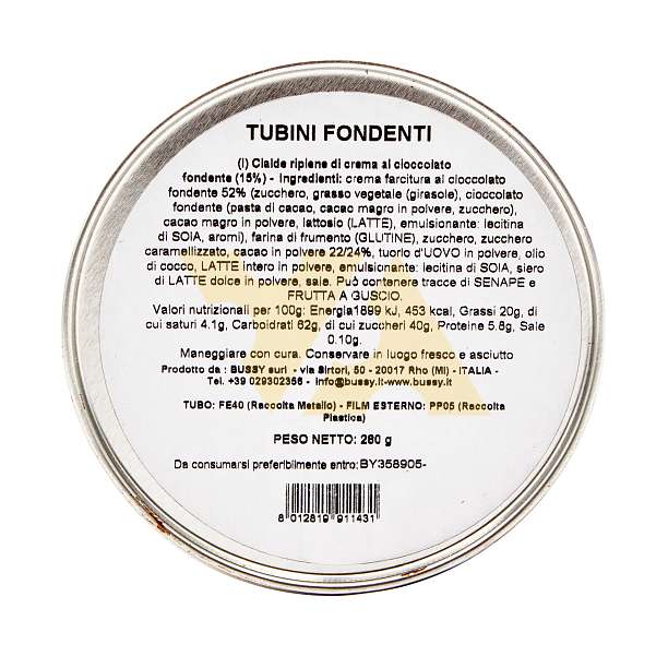 Хрустящие вафельные трубочки с кремом из тёмного шоколада TUBINI FONDENTI, 0,280 кг (туба ж/б)  Bussy Италия