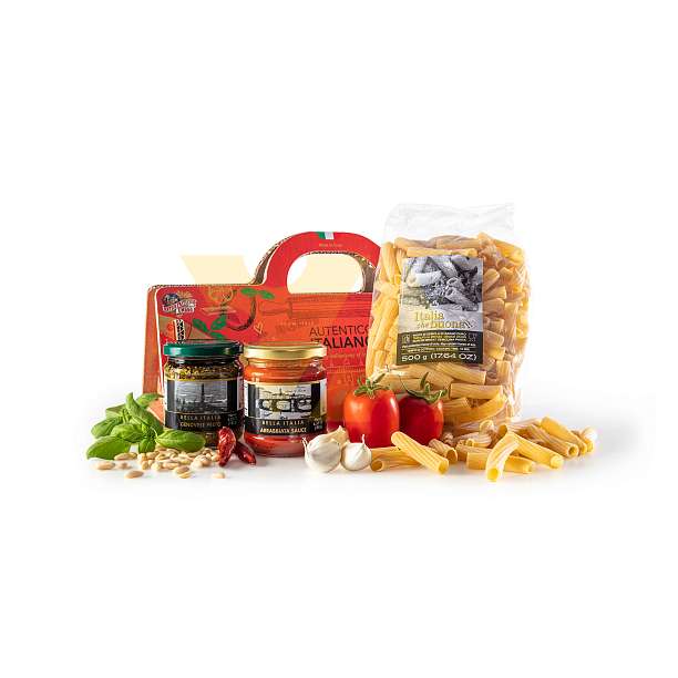 Набор подарочный СУМКА КРАСНАЯ AUTENTICO ITALIANO №4 (Соус Песто по-генуэзски, Тортильони, соус томатный Арраббьята) (карт/кор)