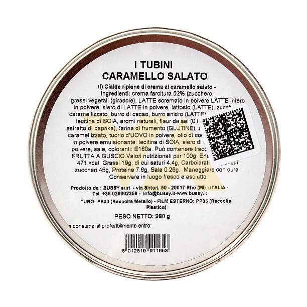 Хрустящие вафельные трубочки с соленой карамелью TUBINI CARAMELLO SALATO, 0,280 кг (туба ж/б)  Bussy Италия