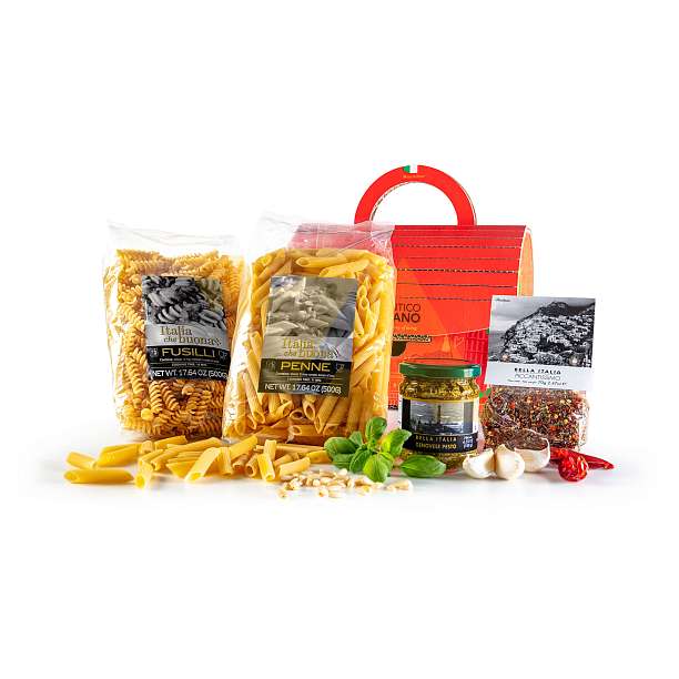 Набор подарочный СУНДУК КРАСНЫЙ AUTENTICO ITALIANO №3 (Пенне, Фузилли, Соус Песто по-генуэзски, приправа Пиккантиссимо) (карт/кор)