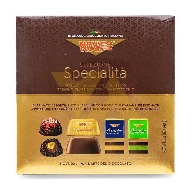 Ассорти т.м. «NOVI»: Конфеты шоколадные Otello; Конфеты шоколадные джандуотто классические; Конфеты шоколадные кремини классика; Конфеты шоколадные кремини фисташка 0,148 кг  Elah Dufour Италия