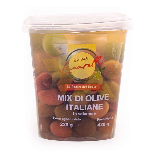 Оливки ассорти в рассоле, зеленые и черные оливки с косточками, LUCARELLI, 0,420 кг/0,220 кг (пл/стакан)  Lucarelli Alferino Италия