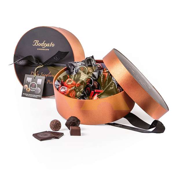 Конфеты коллекция в темном шоколаде, ассорти 5 видов, BODRATO CIOCCOLATO, 0,350 кг (шляпная бронзовая карт/коробка)  Bodrato Cioccolato Италия