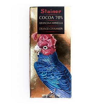 Шоколад горький 1079 с апельсином и корицей, 70% какао, STAINER, 0,05 кг (карт/кор с попугаем)