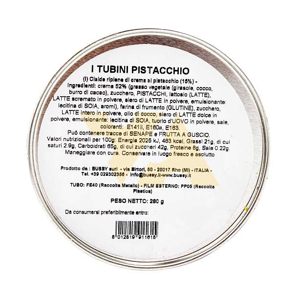 Хрустящие вафельные трубочки с фисташковым кремом, TUBINI PISTACCHIO, 0,280 кг (туба ж/б)  Bussy Италия