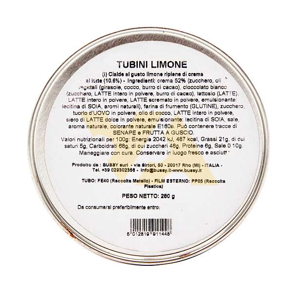 Хрустящие вафельные трубочки с лимонным вкусом и начинкой из молочного крема TUBINI LIMONE, 0,280 кг (туба ж/б)  Bussy Италия