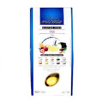 Миндаль в белом, темном, молочном шоколаде, молочном шоколаде джандуйя со вкусом фруктового ассорти в разноцветной глазури MIX, MAXTRIS, 0,15 кг