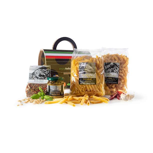 Набор подарочный СУНДУК ЧЕРНЫЙ AUTENTICO ITALIANO №3 (Пенне, Фузилли, Соус Песто по-генуэзски, приправа Пиккантиссимо) (карт/кор)