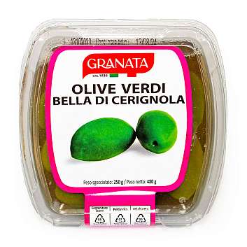 Оливки Белла Чериньола с косточками, GRANATA, 0,250 кг/0,480 кг (пл/стакан)