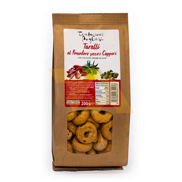 Таралли с сушеными томатами и каперсами с добавлением оливкового масла первого холодного отжима, TENTAZIONE PUGLIESI, 0,200 кг (крафт/бум)  Tentazioni Pugliesi Италия