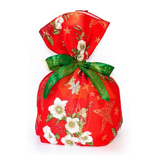 Панеттоне с изюмом и цукатами в красном мешке из хлопка с цветами и рождественскими звёздами, BALOCCO, 0,75 кг  Balocco Италия