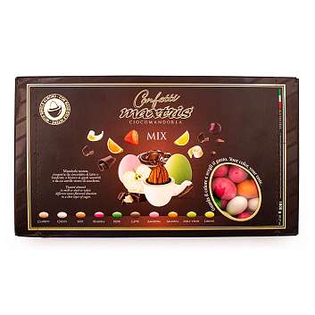 Миндаль в белом, темном и молочном шоколаде и ореховым кремом джандуйя с фруктовыми вкусами MIX, MAXTRIS, 1 кг (черная коробка)