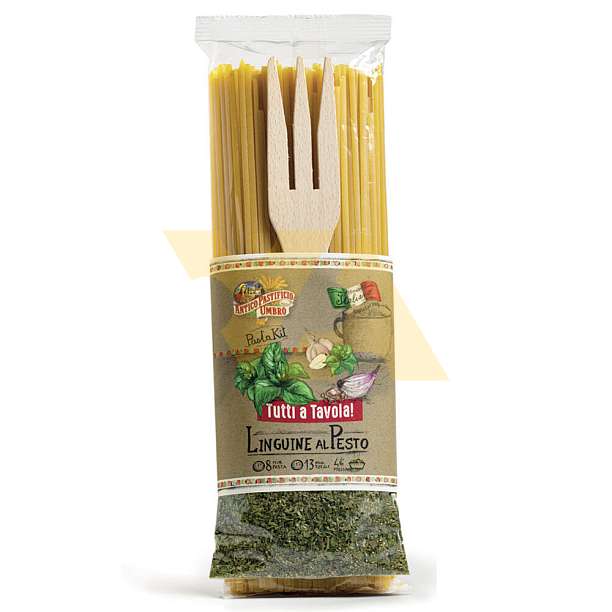 Набор подарочный Лингуине ал Песто, паста лингуине, основа для соуса песто, вилка-дозатор для пасты деревянная, TUTTI a TAVOLA, 0,540 кг