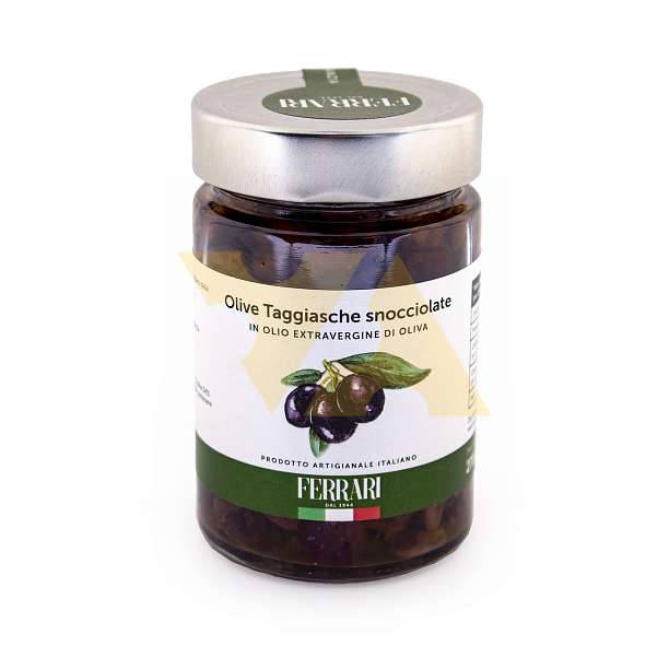 Оливки Таджаски без косточек в оливковом масле первого холодного отжима, FERRARI, 0,27 кг/0,18 кг (ст/б)  Azienda FERRARI Италия