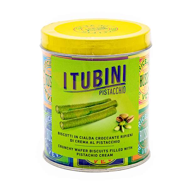 Хрустящие вафельные трубочки с фисташковым кремом, TUBINI PISTACCHIO, 0,280 кг (туба ж/б)  Bussy Италия