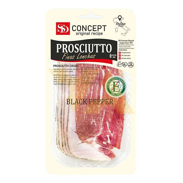 Окорок сыровяленый (прошутто) с черным перцем SD, выдержка 12 мес., нарезка, 0,050 кг  Сытный дом Россия