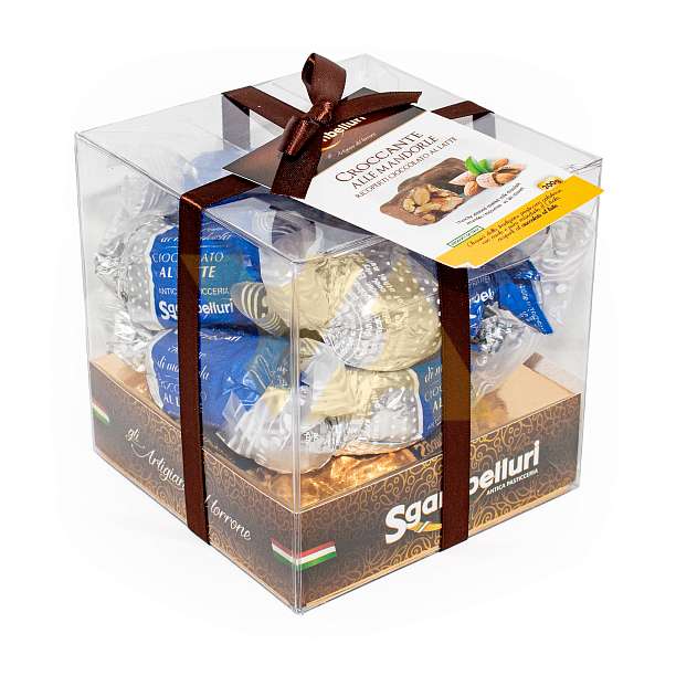 Ассорти шоколадных конфет грильяж из обжаренного миндаля с апельсиновым медом в молочном шоколаде, SGAMBELLURI, 0,200 кг (пл/кубик)  Sgambelluri Италия