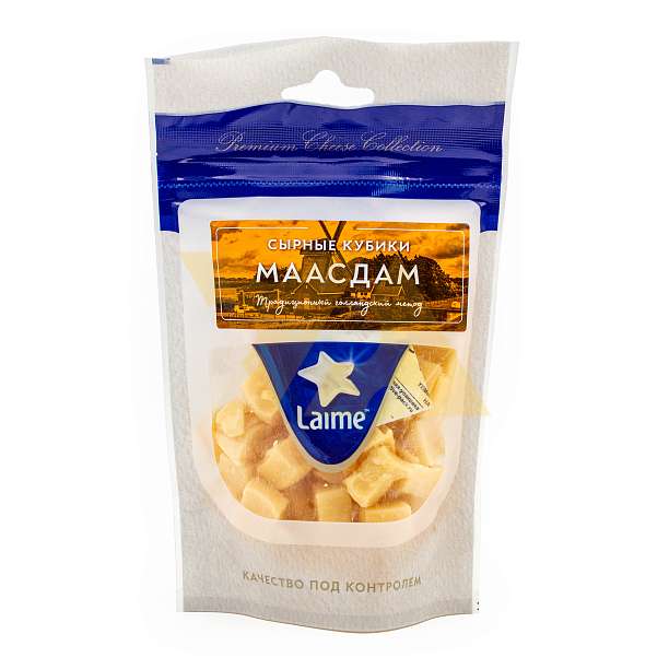 Маасдам сырные кубики, сыр полутвердый фасованный, LAIME, 0,125 кг (дой-пак)  Laime Россия