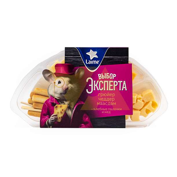 Тарелка Ассорти "Выбор эксперта" №2 (Грюйер 50%, Чеддер 45%, Маасдам 45%, Мед, Хлебные палочки, Пика бамбуковая) ТЗ LAIME фас. 4шт*110г (Россия)  Laime Россия