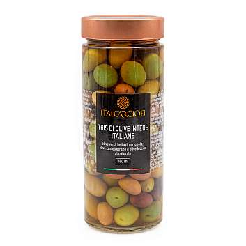 Ассорти из трех сортов оливок в рассоле LINIA GOURMET, ITALCARCIOFI, 0,580 л/0,580 кг/0,350 кг (ст/б)