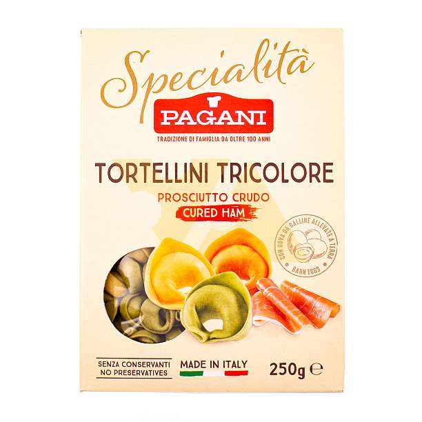 Тортеллини Триколор с прошутто крудо SPECIALITA, паста яичная фаршированная сыровяленым окороком, PAGANI, 0,25 кг (карт/кор) 260 Pagani Industrie Alimentari SpA Италия
