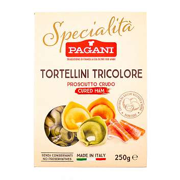 Тортеллини Триколор с прошутто крудо SPECIALITA, паста яичная фаршированная сыровяленым окороком, PAGANI, 0,25 кг (карт/кор)