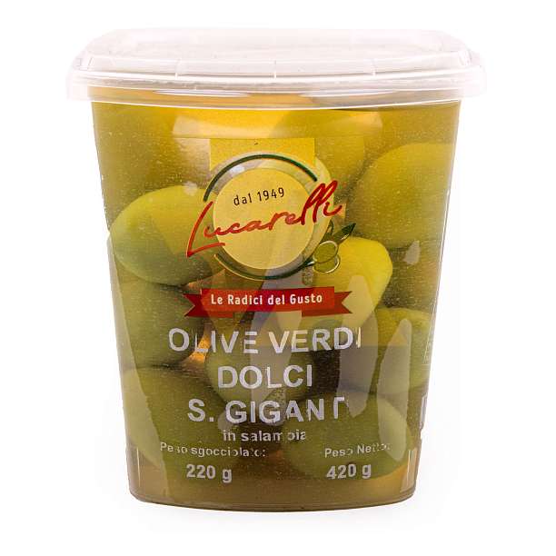 Оливки гигантские сладкие в рассоле, крупные зеленые оливки с косточками, LUCARELLI, 0,420 кг/0,220 кг (пл/стакан)  Lucarelli Alferino Италия
