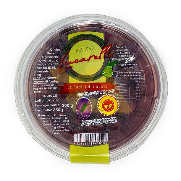 Оливки Гаэта DOP, LUCARELLI, 0,36 кг/ 0,2 кг (пл/б) 370 Lucarelli Alferino Италия