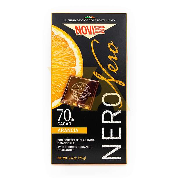 Плитка горького шоколада с апельсином и кусочками карамелизированного и обжаренного миндала, 1577, NOVI, 0,075 кг (карт/кор)  Elah Dufour Италия