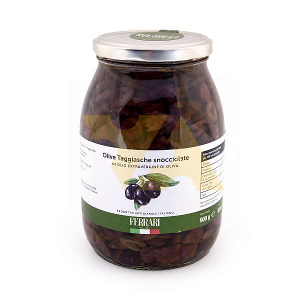 Оливки Таджаски без косточек в оливковом масле первого холодного отжима, FERRARI, 0,9 кг/0,6 кг (ст/б) 0.27 кг. Azienda FERRARI Италия