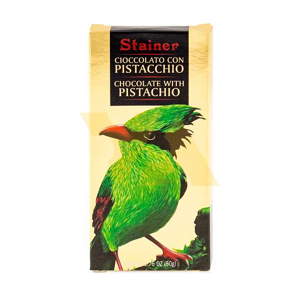 Шоколад белый с фисташкам, 1068, 32% какао, STAINER, 0,05 кг (карт/кор с попугаем)  ANDREA STAINER Италия