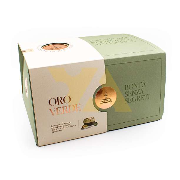 Набор Панеттоне покрытый белым шоколадом и фисташками без изюма и цукатов и фисташковая паста для намазывания, ORO VERDE, FIASCONARO, 1 кг (карт/кор)  Fiasconaro Италия