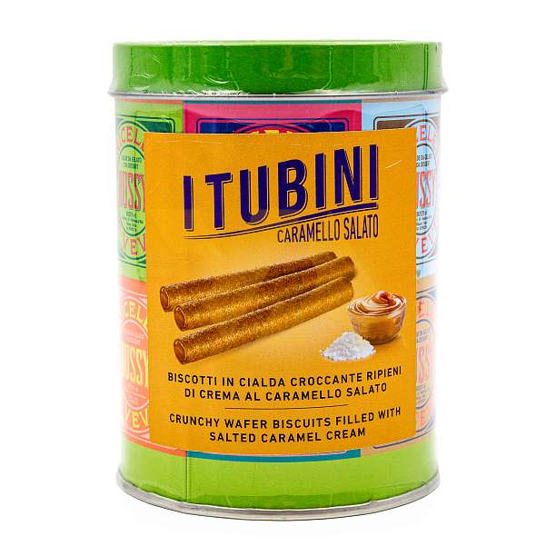 Хрустящие вафельные трубочки с соленой карамелью TUBINI CARAMELLO SALATO, 0,280 кг (туба ж/б)  Bussy Италия