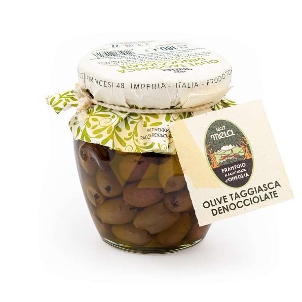 Оливки Таджаски без косточек в оливковом масле первого холодного отжима (экстра верджин) 29%, SANTAGATA, 0,180 кг (ст/б)  Frantoio di Sant'Agata d'Oneglia Италия
