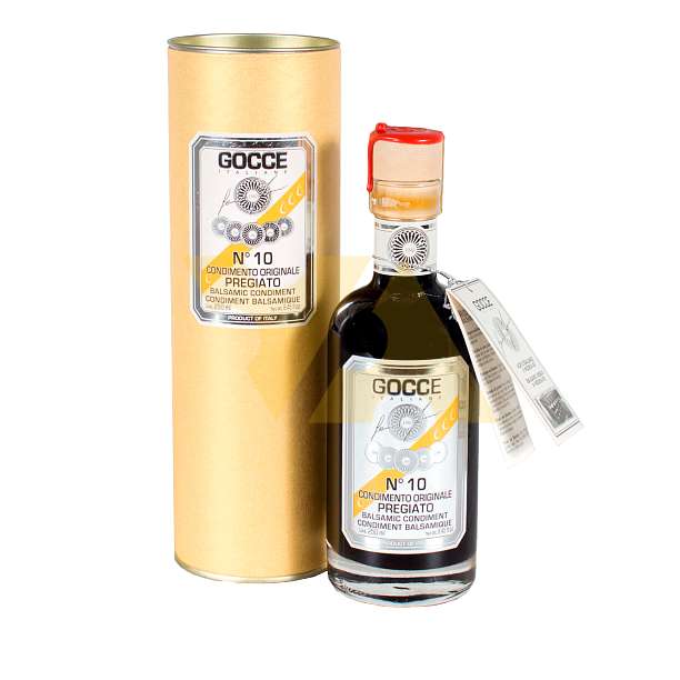 Заправка на основе уксуса бальзамического из Модены №10 PREGIATO, GOCCE, J0486, выдержка10 лет, 0,25 л (ст/б в золотой тубе)  Acetaia Leonardi Италия