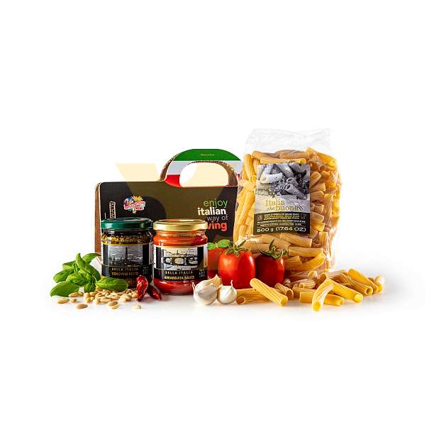 Набор подарочный СУМКА ЧЕРНАЯ AUTENTICO ITALIANO №4 (Соус Песто по-генуэзски, Тортильони, соус томатный Арраббьята) (карт/кор)