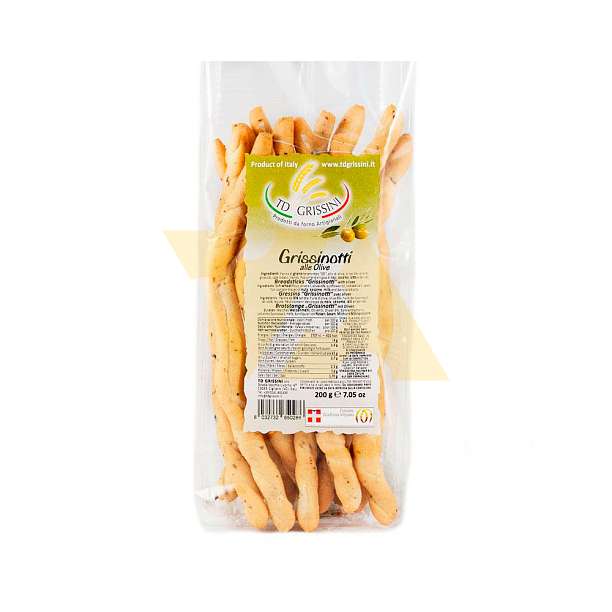 Гриссинотти с оливками, хлебные палочки толстые, TD GRISSINI, 0,2 кг 0.2 кг. TD GRISSINI Италия