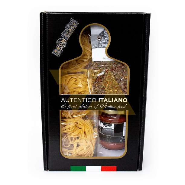 Набор подарочный AUTENTICO ITALIANO №11 (тальятелле яичные, соус с базиликом, приправа Пиккантиссимо) (карт/кор)