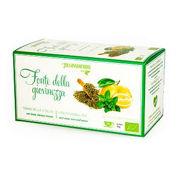 Чай травяной с мате, мятой и лимоном "Источник молодости" BIO, 15 пакетиков по 3 гр, REGINADIFIORI, 0,045 гр (карт/кор)