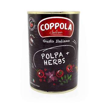 Томаты резаные Польпа с травами COPPOLA, 0,4 кг/0,24 кг/0,425 л (ж/б)