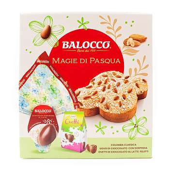 Набор Пасхальный MAGIE DI PASQUA (Коломба классическая 500 гр, Яйцо шоколадное с сюрпризом 150 гр, Яица шоколадные 125 гр), BALOCCO, 0.850 кг (карт/кор)