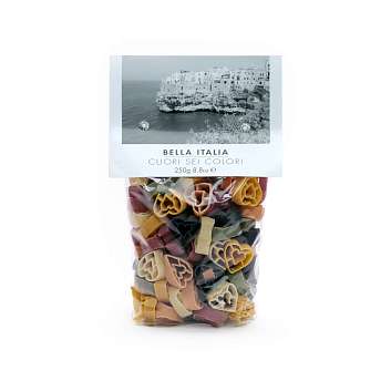 Куори (сердечки) шесть вкусов BELLA ITALIA, разноцветная паста из твердых сортов пшеницы, UMBRO, 0,25 кг