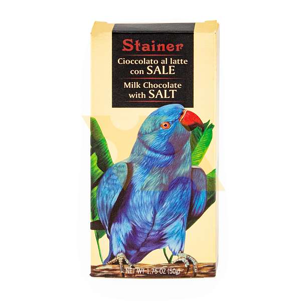 Шоколад молочный с солью 1067, 32% какао, STAINER, 0,05 кг (карт/кор с попугаем)  ANDREA STAINER Италия