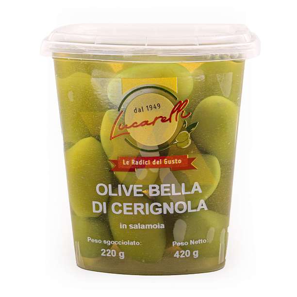 Оливки Белла ди Чериньола в рассоле, крупные зеленые оливки с косточками, LUCARELLI, 0,420 кг/0,220 кг (пл/стакан)  Lucarelli Alferino Италия
