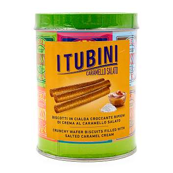 Хрустящие вафельные трубочки с соленой карамелью TUBINI CARAMELLO SALATO, 0,280 кг (туба ж/б)