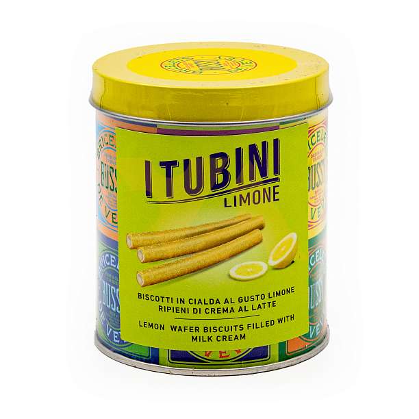 Хрустящие вафельные трубочки с лимонным вкусом и начинкой из молочного крема TUBINI LIMONE, 0,280 кг (туба ж/б)  Bussy Италия