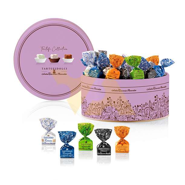Ассорти Трюфельная коллекция TARTUFIDOLCI, 5 видов, ANTICA TORRONERIA PIEMONTESE, 0,400 кг (фиолетовая ж/б)  Antica Torroneria Piemontese Италия