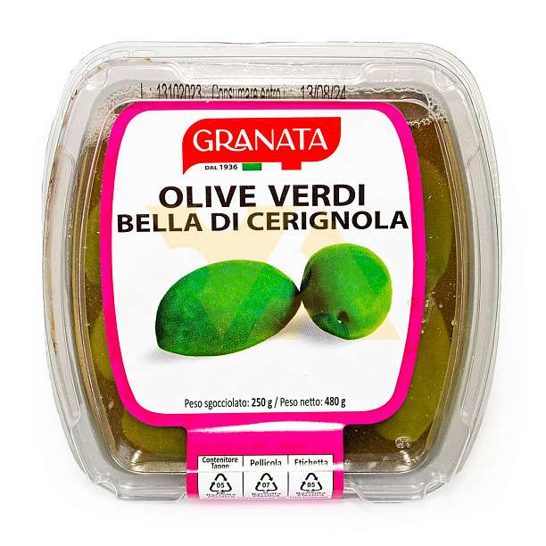 Оливки Белла Чериньола с косточками, GRANATA, 0,250 кг/0,480 кг (пл/стакан)  Granata Antonio Италия